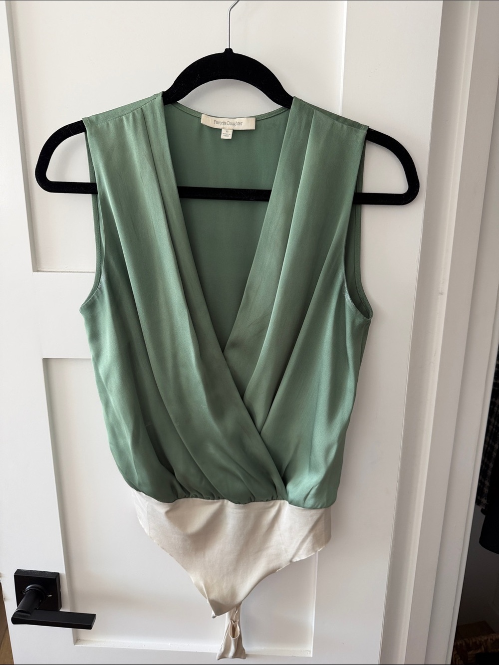 Favorite Daughter Sage Green Sleeveless Draped V-Neck Bodysuit with Cream Hem